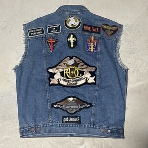 Vintage 90s Levi Denim Harley WWJD Riders For Christ CMC Patches Biker Vest HOG